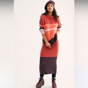 Free People London Stripe in Coral merino wool alpaca 2 pc sweater skirt set NWT